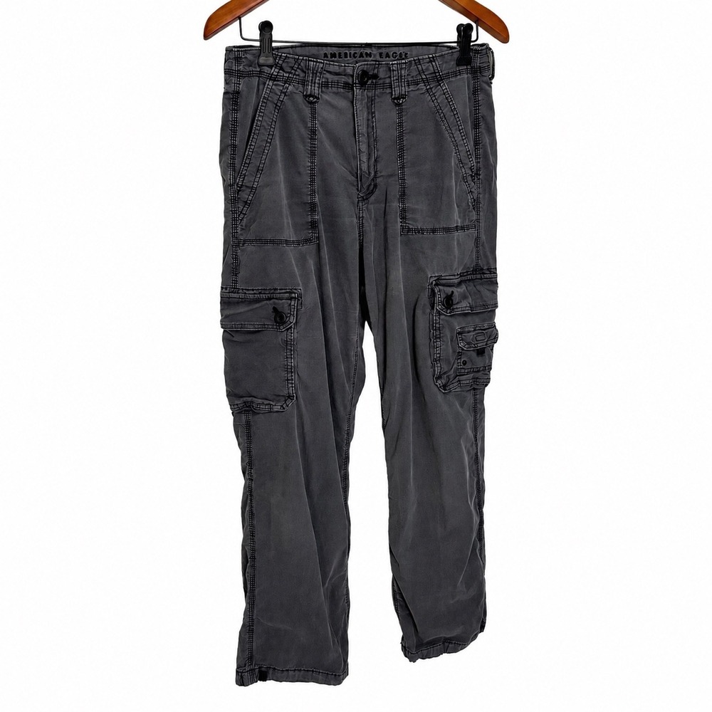 American Eagle Womens Cargo Pants Gray Faded Utility Straight Leg Stretch 10